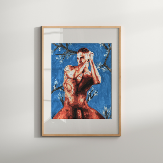 Framed artwork of a shirtless man against a blue background on a white wall