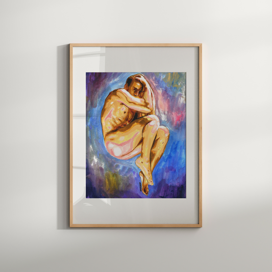 Framed artwork of a nude figure on a white wall