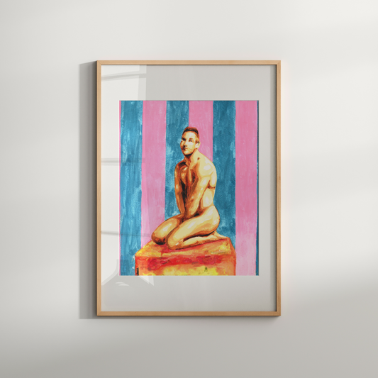 Framed artwork of a nude figure on a colorful striped background