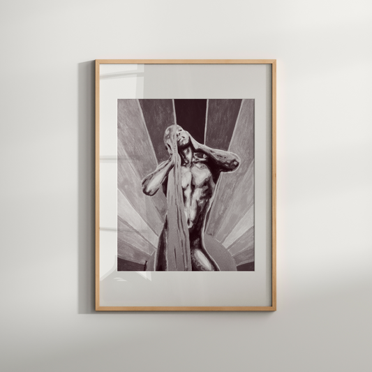 Framed black and white artwork of a classical statue on a light gray background