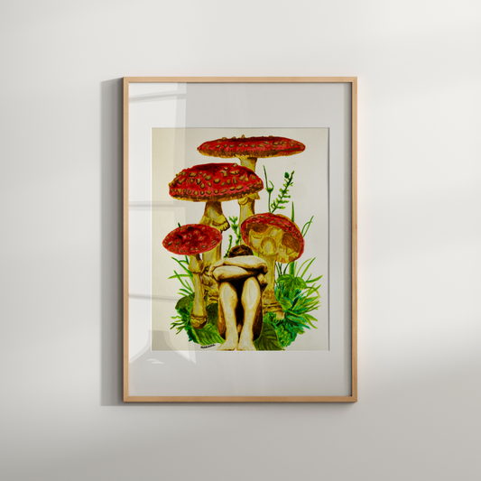 Framed artwork of a woman sitting among red mushrooms on a white wall.