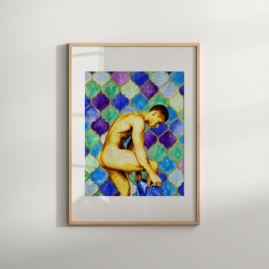 Framed artwork of a nude figure on a geometric patterned background