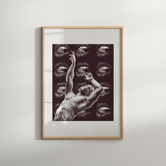 Framed artwork of a nude figure with eye patterns on a white wall