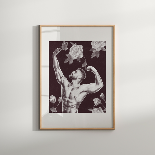Framed artwork of a muscular figure with flowers on a white wall