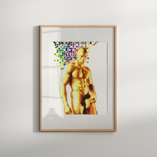 Framed artwork of a nude figure with colorful abstract elements on a white wall