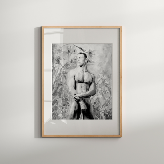 Black and white watercolor painting of a nude muscular male viewed from a low angle, expressing bold queer identity and masculine beauty by Zak Pop Art.