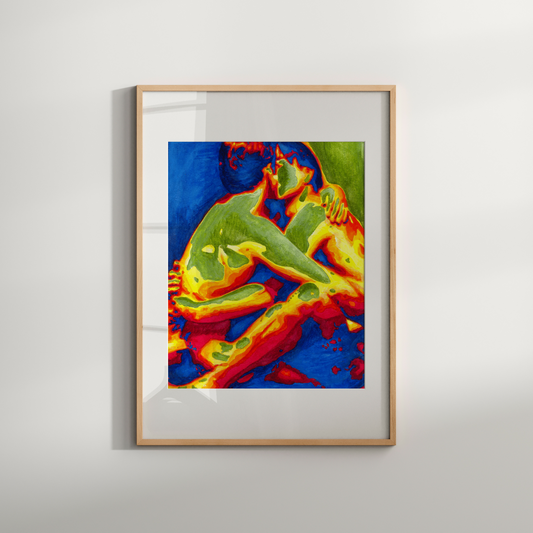 Framed abstract artwork with vibrant colors on a white wall