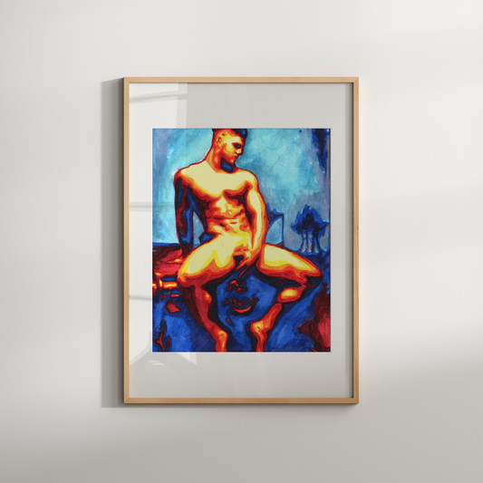Framed artwork of a nude figure on a plain wall