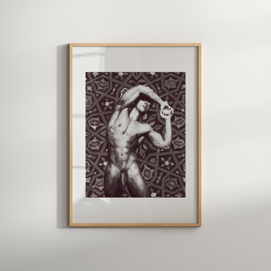 Framed artwork of a nude figure against a patterned background on a white wall