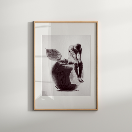 Framed black and white artwork of a cat and dog on a white wall