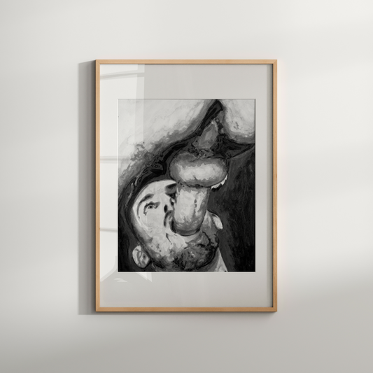 Framed black and white artwork of two mushrooms on a light gray background