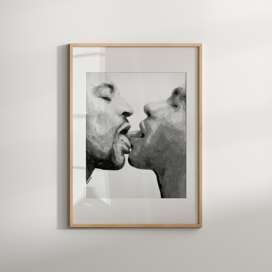Framed black and white artwork of two faces close together on a light gray background
