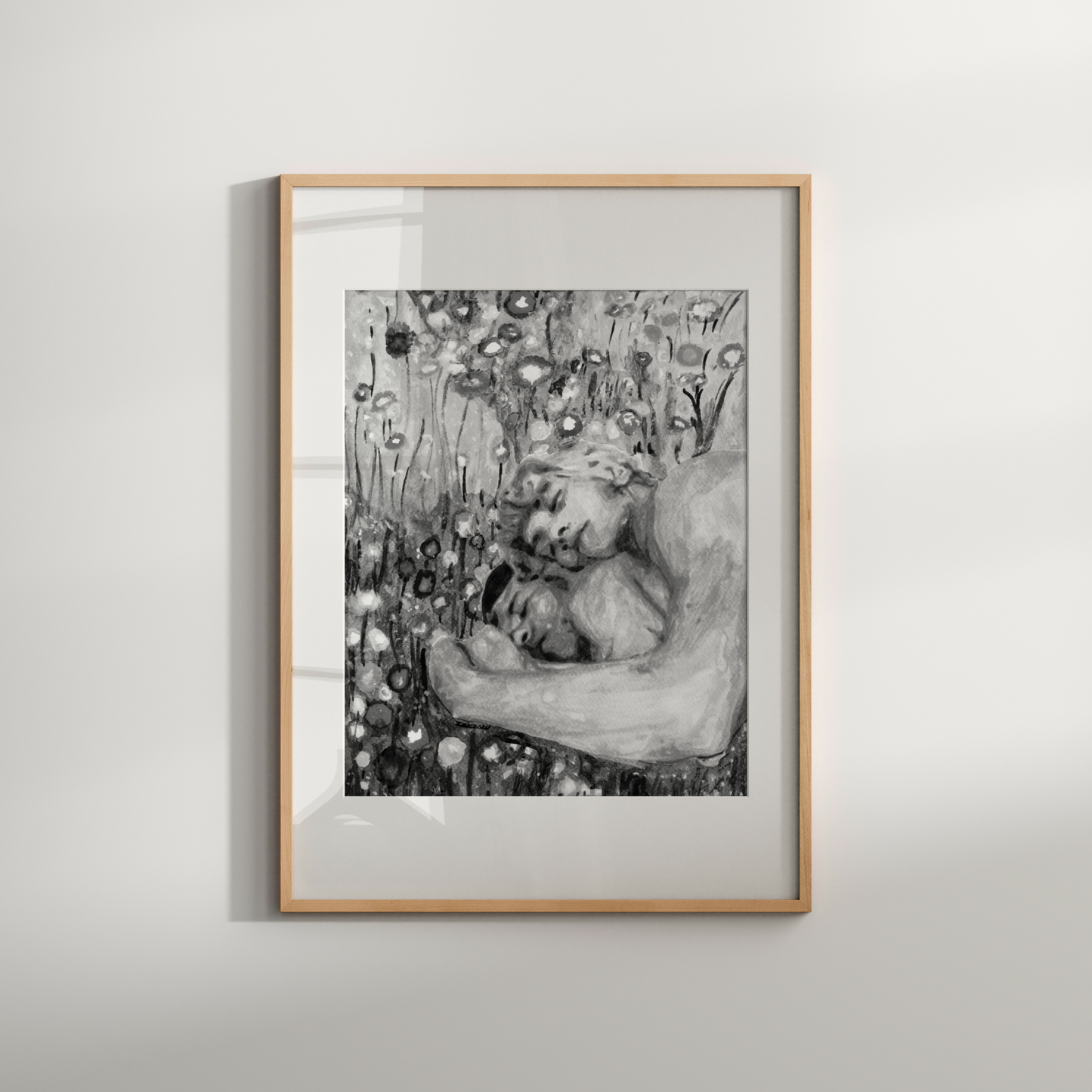 Black and white watercolor of two nude men lying in a field, embracing peacefully, surrounded by floral textures in grayscale.