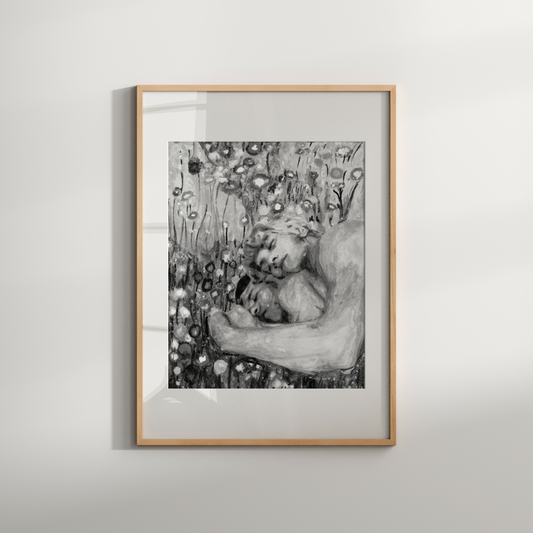 Black and white watercolor of two nude men lying in a field, embracing peacefully, surrounded by floral textures in grayscale.