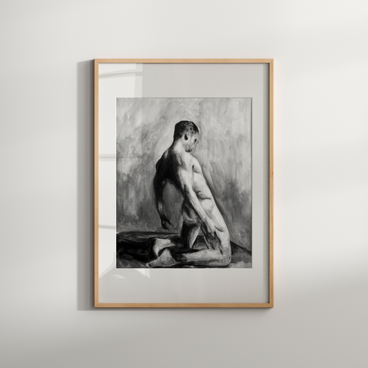 Black and white watercolor of a nude man kneeling from behind in an open field, under a soft sky, expressing quiet strength and queer identity