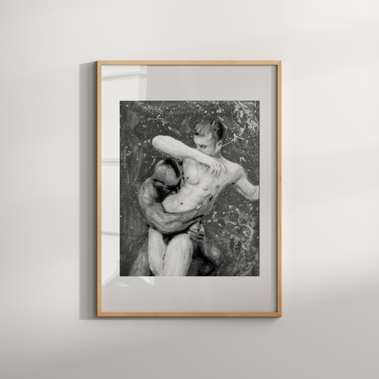Framed black and white artwork of two muscular figures on a light gray wall.