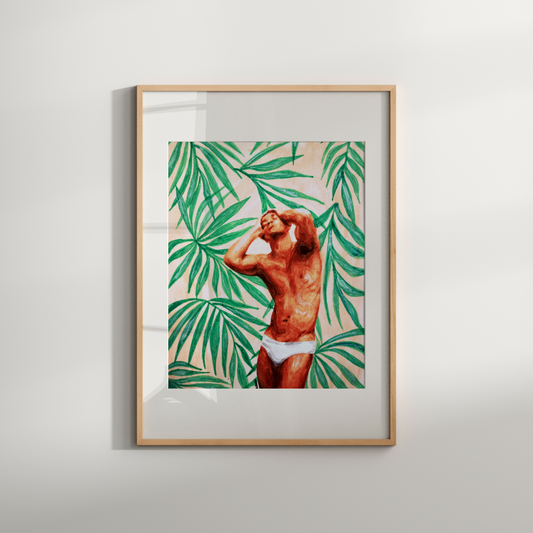 Watercolor painting of a muscular man wearing underwear, posed confidently against a backdrop of tropical palm leaves in soft pink tones, reflecting vibrant Miami style and queer pride. Original Zak Pop Art.