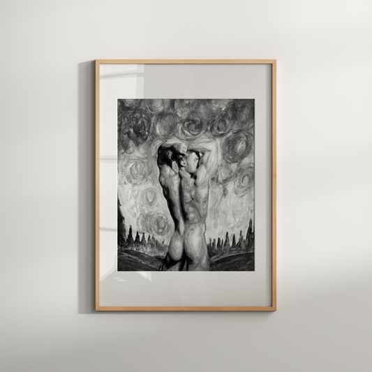 Black and white queer art print of a nude man from behind looking at a hill under a Van Gogh-style sky in Zak Pop Art’s style.