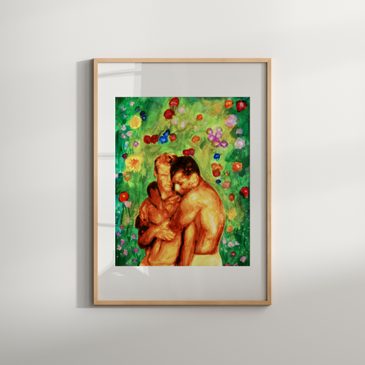 Romantic watercolor illustration of a gay couple embracing tenderly in front of a lush green garden with blooming flowers. LGBTQ+ pride and love celebrated in vibrant color.
