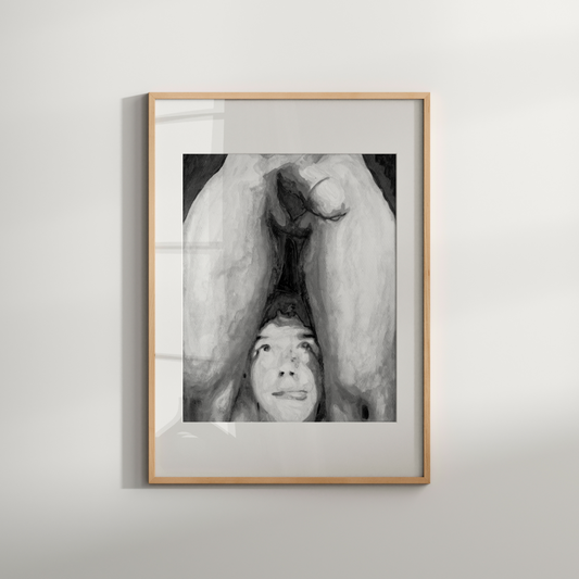 Black and white gay erotic illustration of a playful man licking his lips while looking up at a male figure, with suggestive body language.