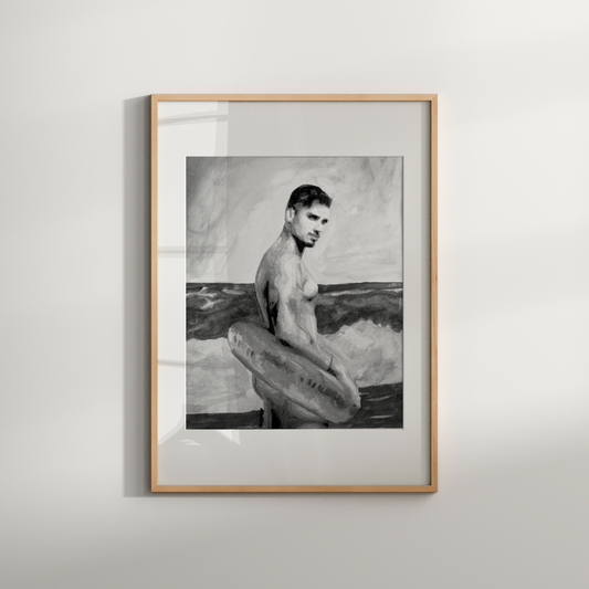 Framed black and white artwork of a person holding a surfboard on a light gray background