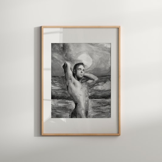 Black and white watercolor painting of a muscular nude man standing by the ocean, flexing his arms behind his head. The silhouette contrasts with a softly textured sky and sea, conveying queer strength, calm, and confidence.
