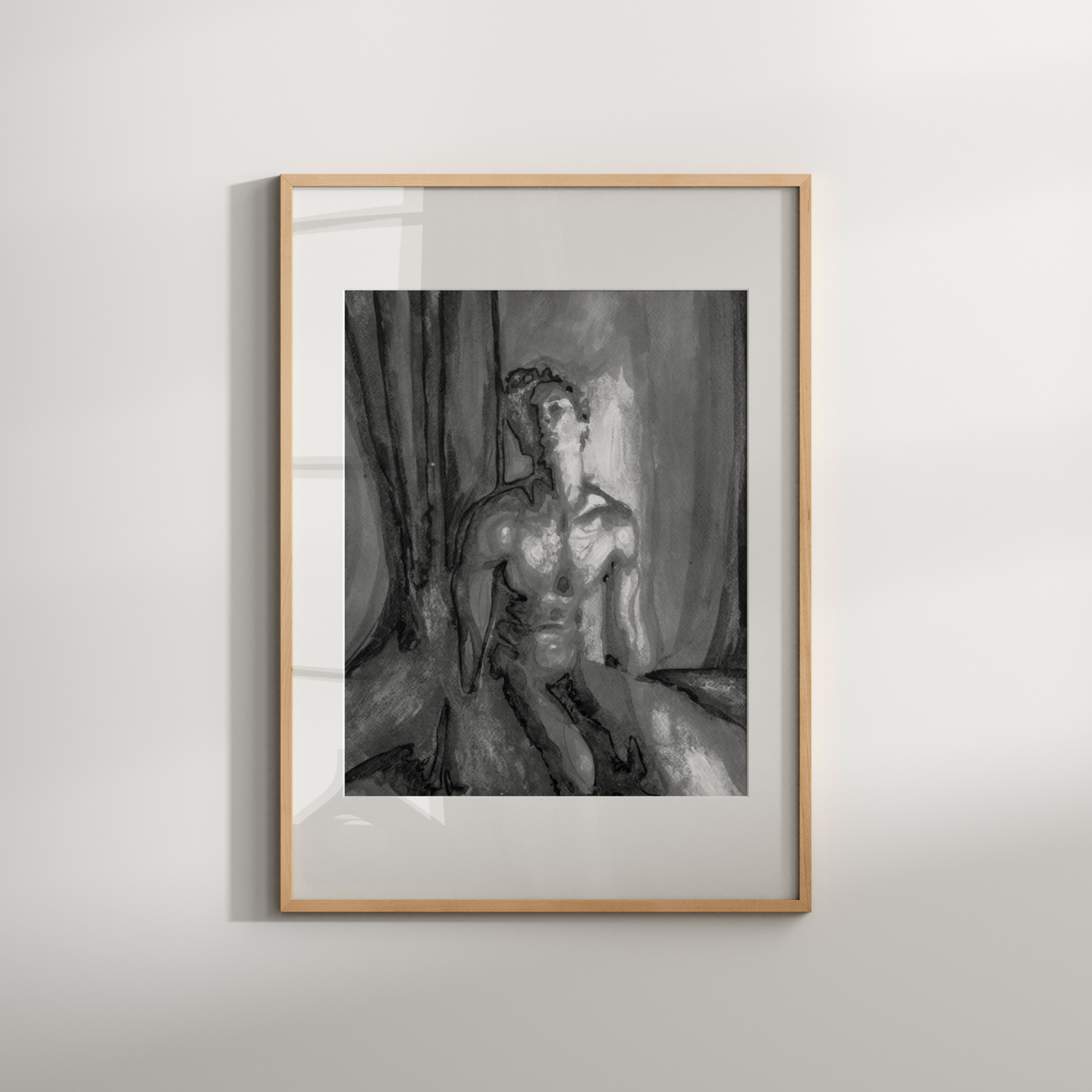 Black and white watercolor painting of a beautiful nude man kneeling, rendered with elegant contrasts and delicate shading, expressing queer grace and strength. Original Zak Pop Art.