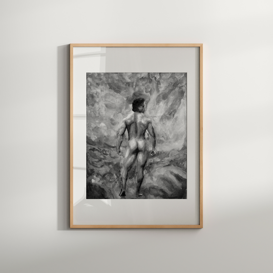 Framed black and white artwork of a nude figure on a plain wall