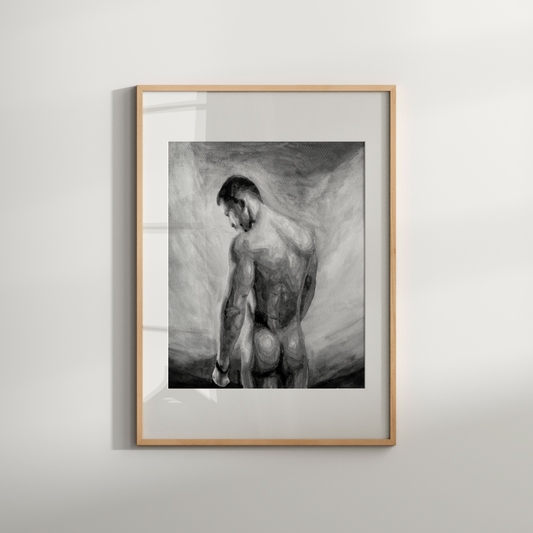Black and white watercolor painting of a proud nude man with a defined body, facing the sky, symbolizing queer strength, liberation, and timeless beauty. Original Zak Pop Art.