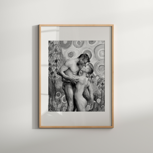 Framed artwork of two nude figures embracing on a light gray background