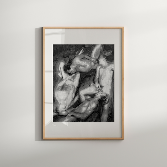 Black and white watercolor print of four nude queer figures in a circular arrangement, exploring intimacy and form through expressive grayscale brushwork. Zak Pop Art.