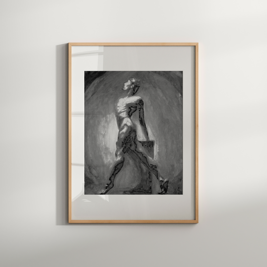 Framed black and white artwork of a woman in a dress on a light gray wall.
