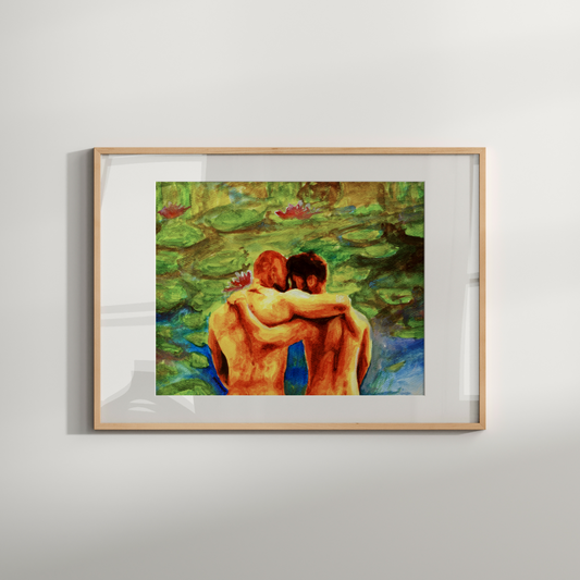 Watercolor painting of two men sitting from behind, arms around each other, looking at a Monet-style landscape with trees, water, and soft light.