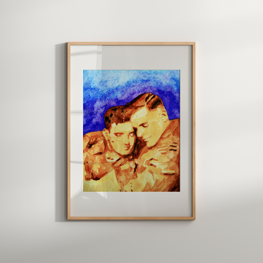 Watercolor painting of two WWI soldiers embracing tenderly, dressed in vintage military uniforms. A romantic and emotional tribute to hidden queer history.