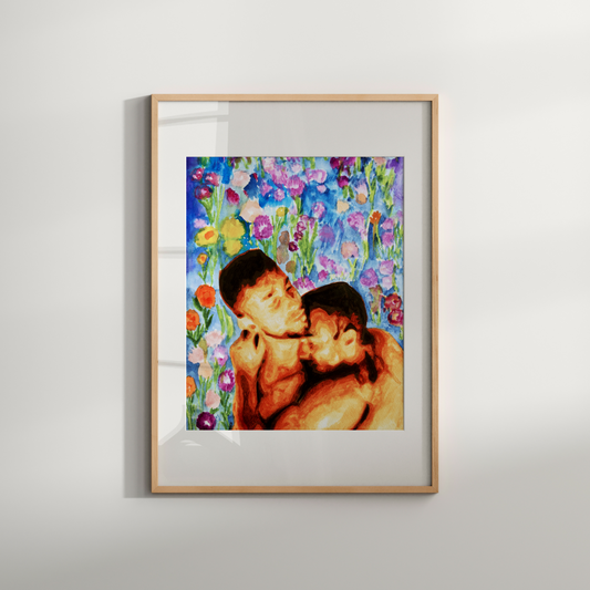 Watercolor painting of two gay men embracing nude from the waist up, in a soft romantic hug. Behind them is floral wallpaper in gold and rose tones, symbolizing elegance and queer intimacy.