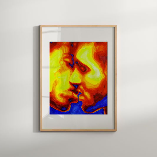 Watercolor painting of two men in profile kissing, with rainbow colors symbolizing LGBTQ+ pride and emotional warmth.