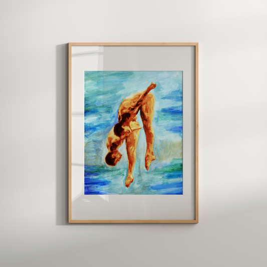Watercolor of two nude men jumping into a blue pool, with bright colors and expressive movement, capturing joy and intimacy.