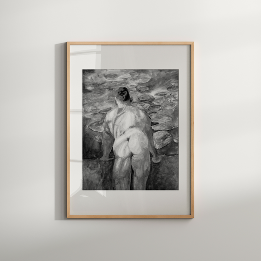 This black and white watercolor version reimagines the sensual power of the original piece using only grayscale tones. The muscular male figure leans against an aged stone wall, with his bare back and buttocks forming the central focus