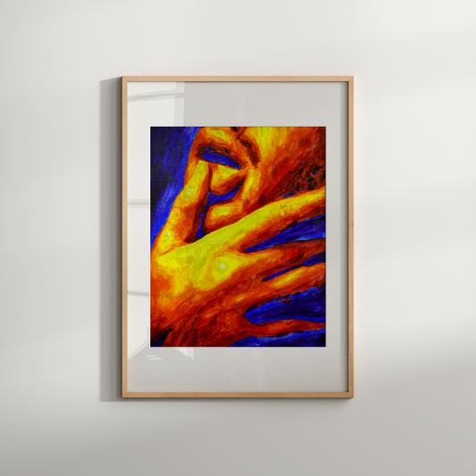 Watercolor painting of a side-profile portrait of a queer man touching his lips with his finger in a sensual gesture, with bold warm and cool tones.