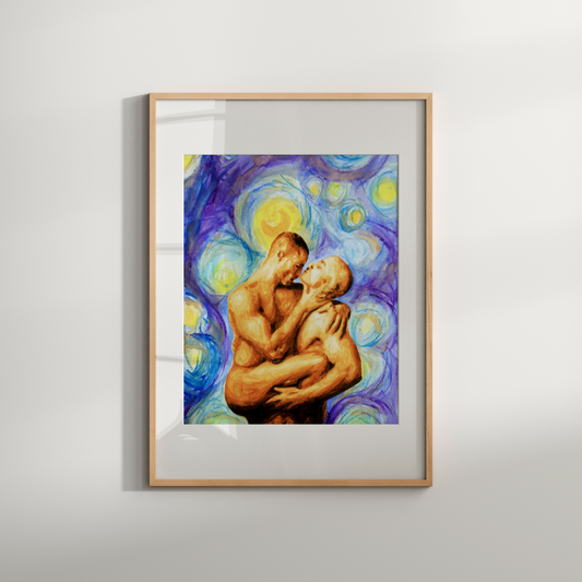 Gay Couple Kissing in Starry Night Art Print