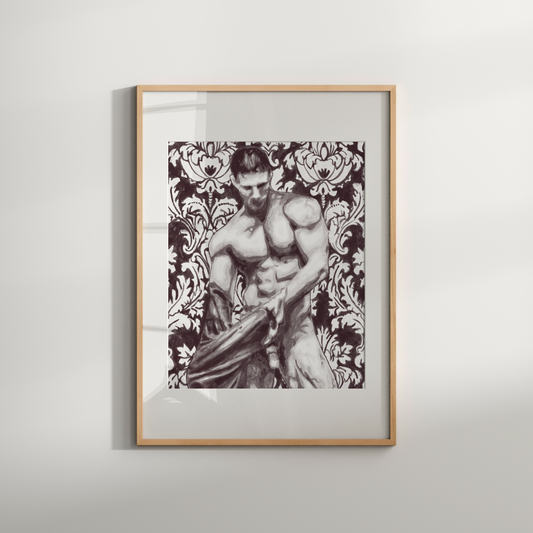 Framed artwork of a shirtless man against a patterned background on a white wall.