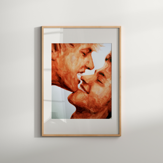 Framed artwork of two faces close together on a light gray background