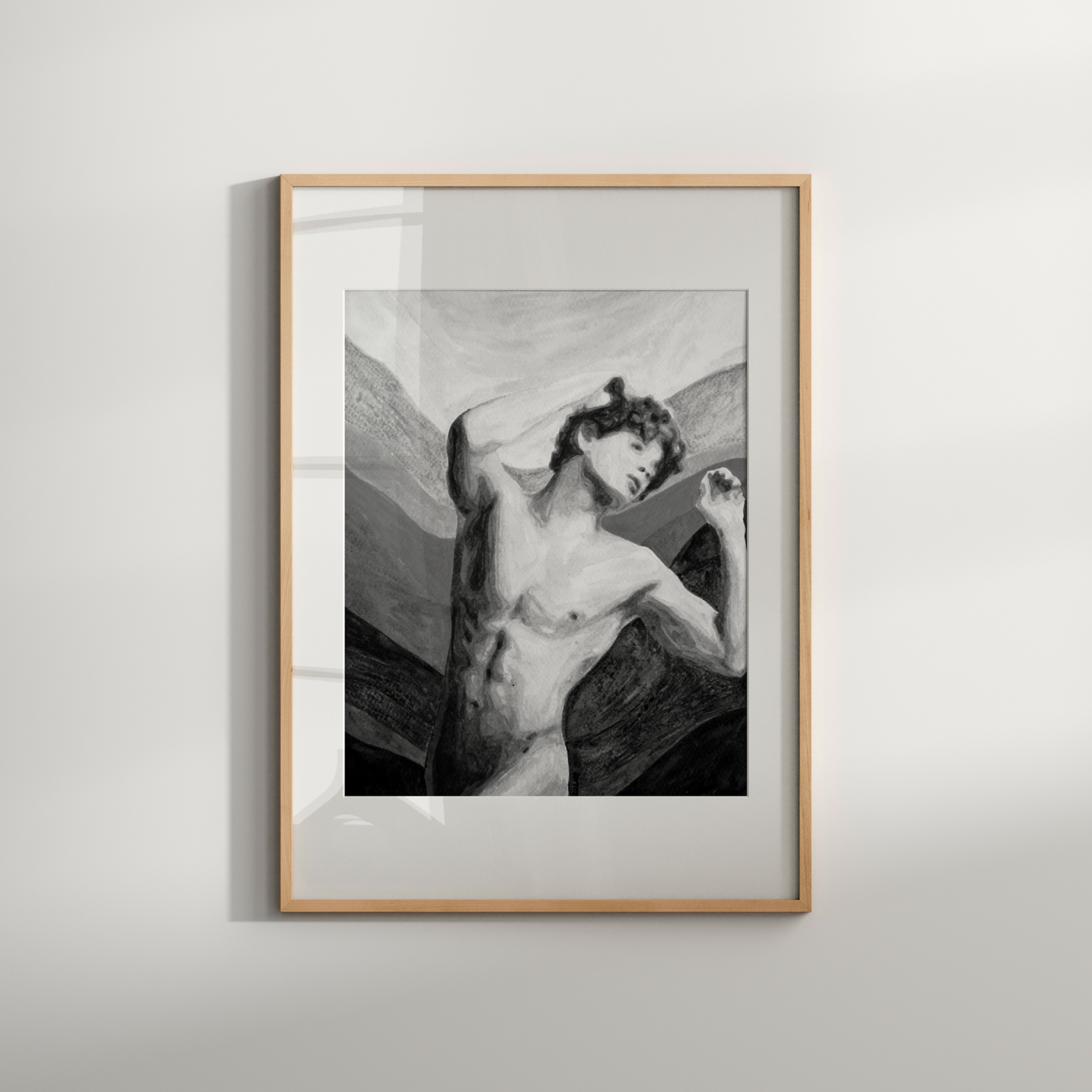 Black and white watercolor painting of a nude young man holding his red hair, with layered gray-toned background symbolizing the rainbow, expressing queer identity and emotional strength. Original Zak Pop Art.