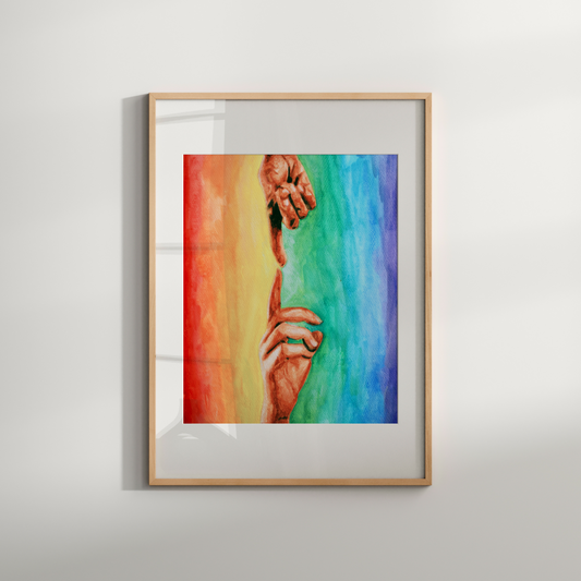 Framed artwork with a colorful abstract design on a white wall