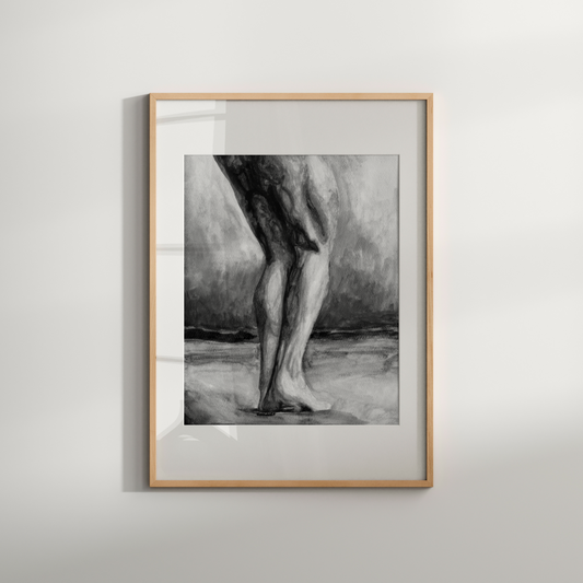 Black and white watercolor of muscular male legs standing barefoot in a field. Grayscale queer symbolism by Zak Pop Art