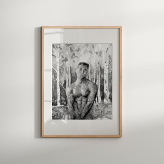 Black and white watercolor painting of a muscular nude man in a misty forest, covering his genitals with one hand and looking directly at the viewer. Queer male figure art by Zak Pop Art.