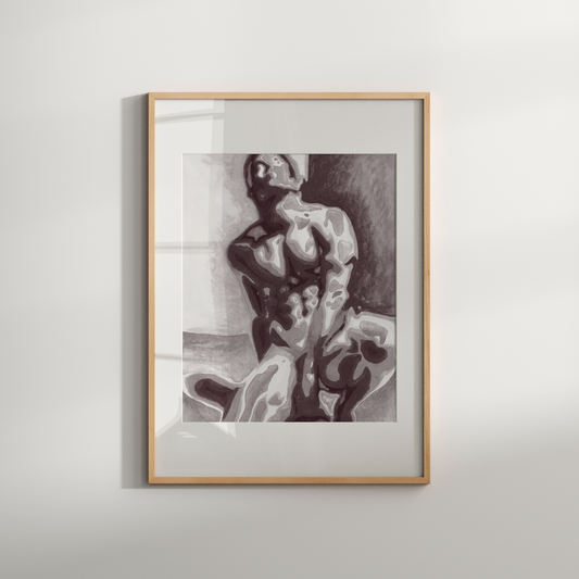 Framed black and white artwork of a abstract figure on a light gray background