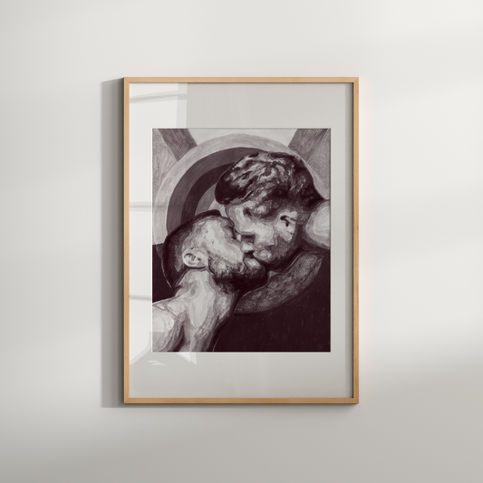 Framed artwork of a couple embracing on a white wall