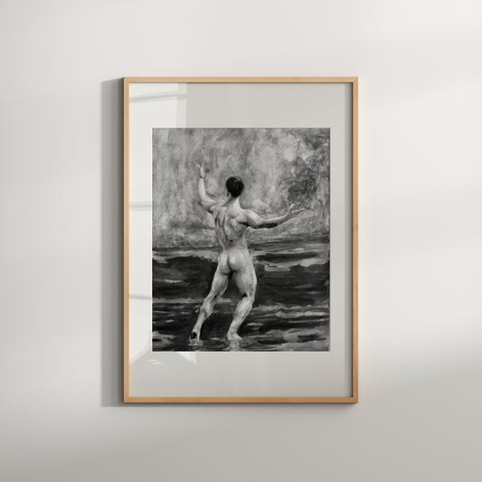 Framed artwork of a nude figure in a dynamic pose on a plain wall.