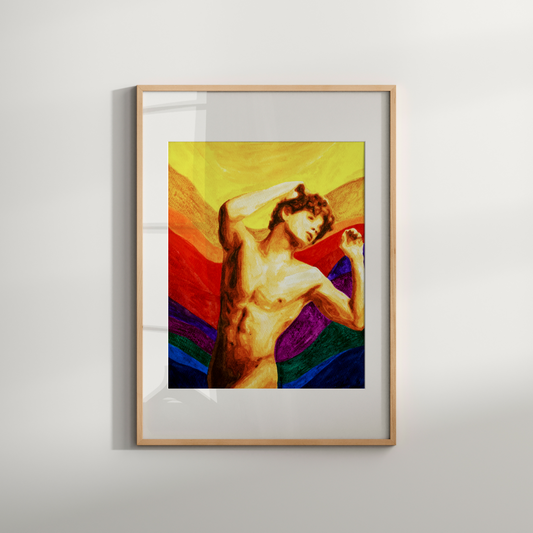 Watercolor painting of a nude young man with red hair holding it gently, with layered rainbow pride colors in the background, symbolizing queer beauty and vibrant identity. Original Zak Pop Art.